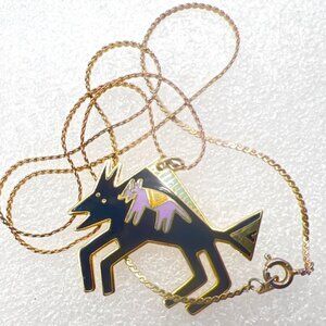 Laurel Burch Necklace Bison and Baby Signed Enamel Cloisonne 18" Chain Gold tone